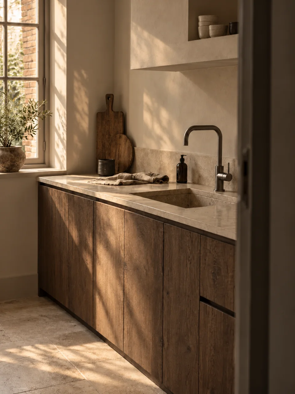 Een keuken met houten kasten, een stenen werkblad en daglicht bij de spoelbak