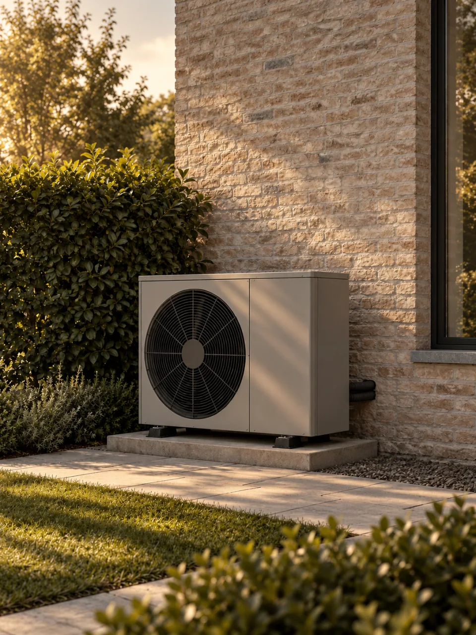 Een buitenunit van een warmtepomp naast een bakstenen woning