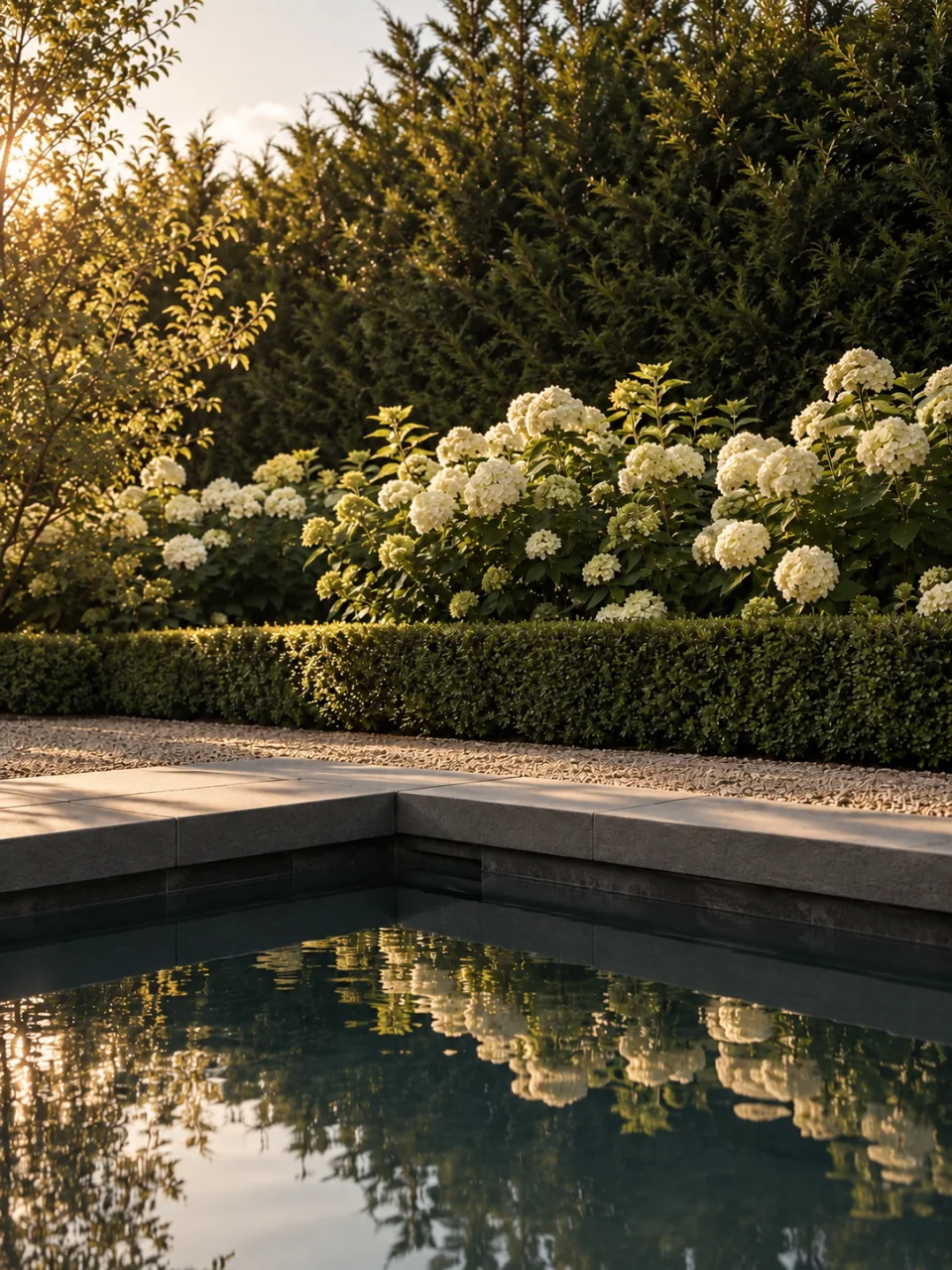 Een zwembadrand van natuursteen naast een tuin met hagen en hortensia’s